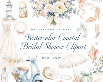 30 Coastal Watercolor Bridal Shower Clipart Bundle