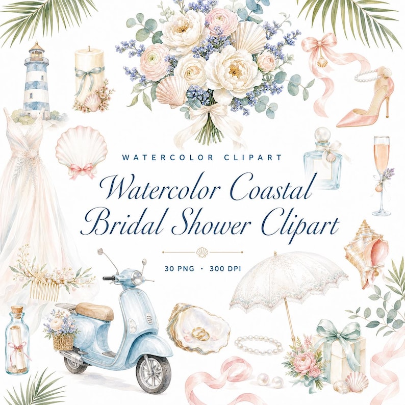 coastal watercolor bridal shower clipart