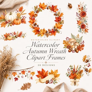 30 Watercolor Autumn Wreath Clipart Frames | Fall PNG Bundle | Boho Thanksgiving Invitations | Digital Download