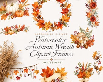 30 marcos de imágenes prediseñadas de coronas otoñales en acuarela | Paquete PNG de otoño | Invitaciones de Acción de Gracias estilo boho | Descarga digital
