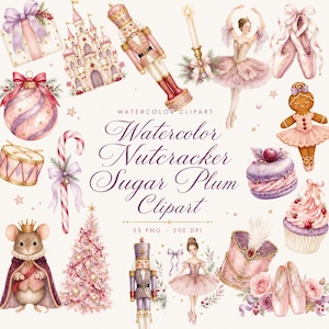 Peut inclure: Une collection d'illustrations à l'aquarelle comprenant un casse-noisette, une ballerine, un bonhomme en pain d'épices, un roi souris, un château, un sucre d'orge, un tambour, une boule, des chaussons, un cupcake, un macaron et un sapin.