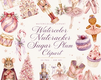 Watercolor Nutcracker Sugar Plum Clipart Bundle 55 Pink Christmas PNG Designs