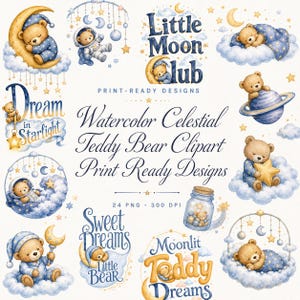watercolor celestial teddy bear PNG design bundle