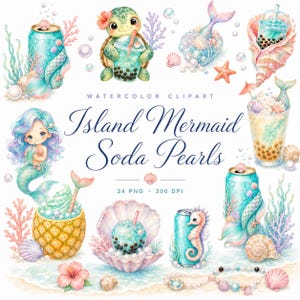watercolor mermaid boba soda clipart