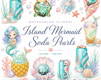 24 Aquarell-Meerjungfrauen-Boba-Soda-Clipart-Bundle