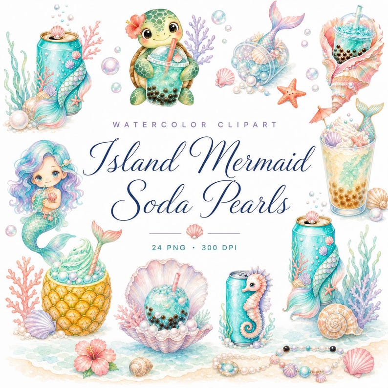 watercolor mermaid boba soda clipart