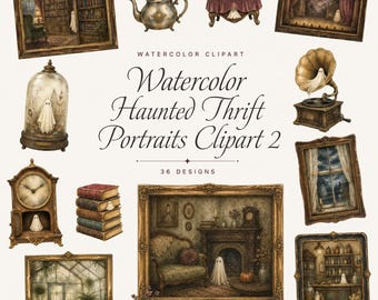 Watercolor Haunted Thrift Portraits Clipart 2 Bundle for Halloween Crafts