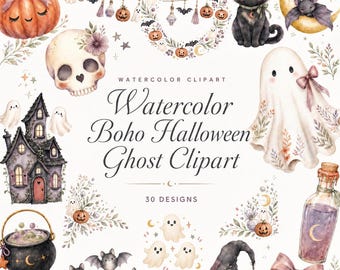 30 Watercolor Boho Halloween Ghost Clipart | Cute Spooky PNG Bundle | Witchy October Crafts | Digital Download