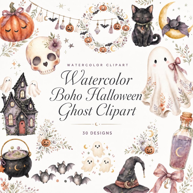 watercolor boho halloween ghost clipart