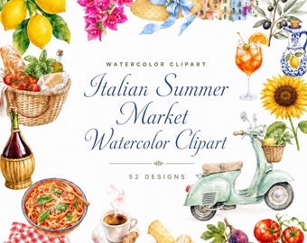 52 imágenes prediseñadas de acuarela de mercados de verano italianos | Paquete PNG de La Dolce Vita | Menús de boda mediterráneos | Descarga digital