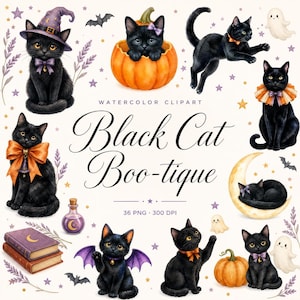 watercolor Halloween black cat clipart