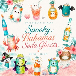 Puede incluir: Conjunto de im&aacute;genes predise&ntilde;adas en acuarela titulado Spooky Bahamas Soda Ghosts con 26 archivos PNG a 300 DPI. La colecci&oacute;n incluye varios fantasmas integrados con latas de refresco tropicales, botellas, cocos, pi&ntilde;as y conchas.