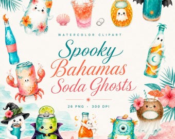 26 Watercolor Ghost Soda Clipart Pink Sand | Tropical Halloween PNG Bundle | Kawaii Monster Drinks | Digital Download