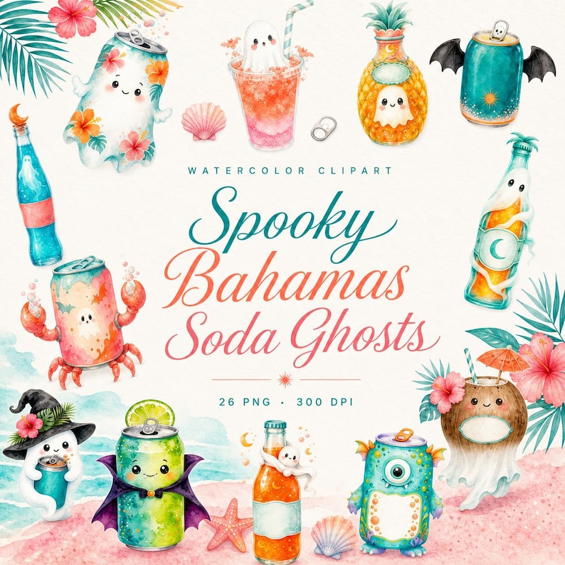 Puede incluir: Conjunto de im&aacute;genes predise&ntilde;adas en acuarela titulado Spooky Bahamas Soda Ghosts con 26 archivos PNG a 300 DPI. La colecci&oacute;n incluye varios fantasmas integrados con latas de refresco tropicales, botellas, cocos, pi&ntilde;as y conchas.