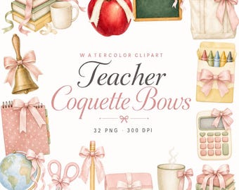 Watercolor Teacher Coquette Bow Clipart Bundle for Classroom