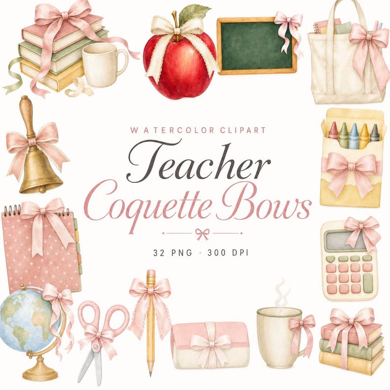 watercolor teacher coquette bow clipart