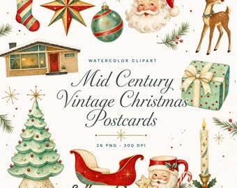 Mid-Century Vintage Christmas Postcards 35 Retro Clipart Bundle