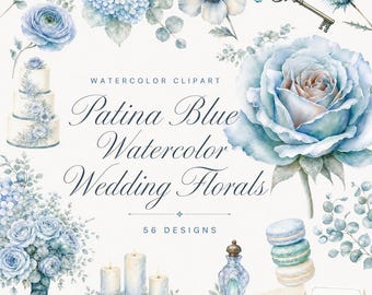 Patina Blue Watercolor Wedding Florals | 56 Icy Teal Clipart PNG Bundle | Opalescent Botanical Invite Suite | Digital Download