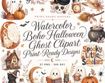 Watercolor Boho Halloween Ghost Print-Ready Designs, PNG Design Bundle for Shirts Mugs Totes