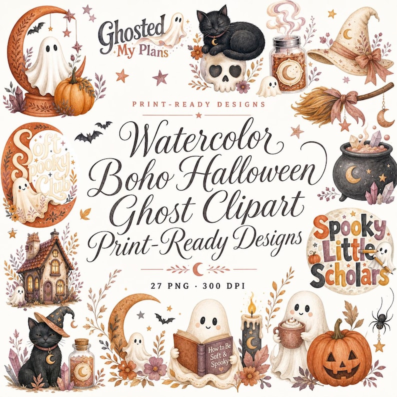 watercolor boho halloween ghost PNG design bundle