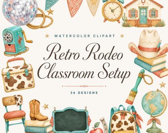 Watercolor Retro Rodeo Classroom Clipart Bundle 36 Designs