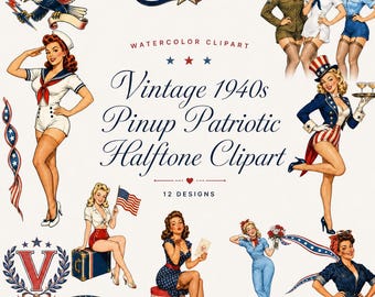 12 imágenes prediseñadas patrióticas vintage de pin-up de los años 40 | Paquete retro PNG | Semitonos rojos, blancos y azules | Descarga digital