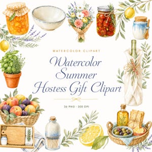 Peut inclure: Une collection d'illustrations à l'aquarelle comprenant un pot de confiture d'orange, un bol en céramique, un bouquet floral, un pot de tomates, un citron, une herbe en pot, une bouteille de vin emballée, une corbeille de fruits et un plateau.