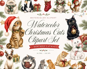 Watercolor Christmas Cats Clipart Set for Cards Ornaments and Sublimation Bundle