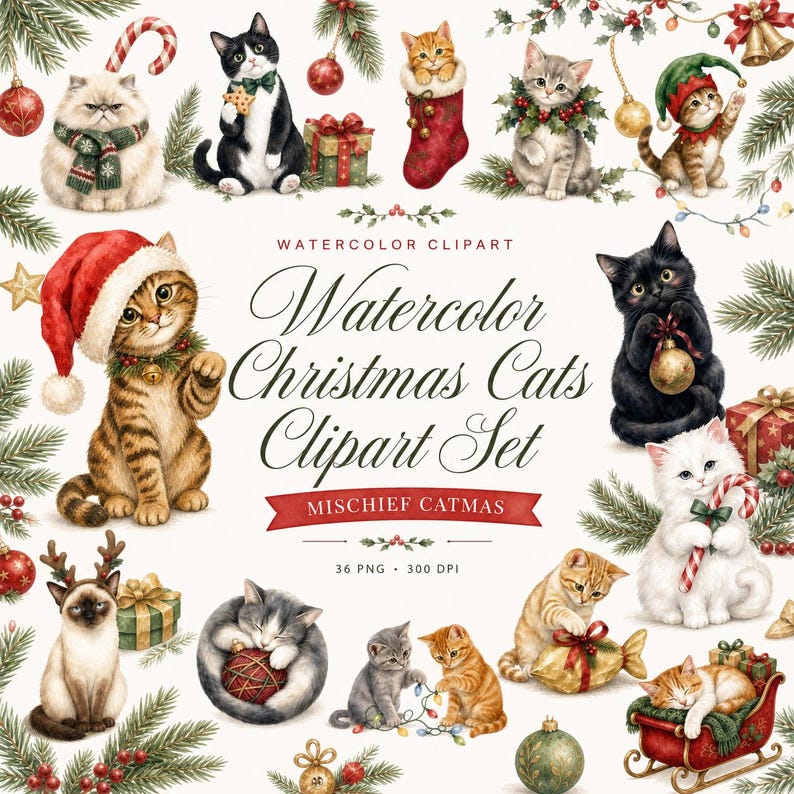 watercolor christmas cats clipart