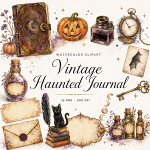 Peut inclure: Une collection d'illustrations à l'aquarelle comprenant un journal en cuir avec un emblème de lune, une citrouille, un encrier, une montre à gousset, une chauve-souris, une clé, un chat noir sur des livres, des fioles et des enveloppes avec le texte Vintage Haunted Journal.