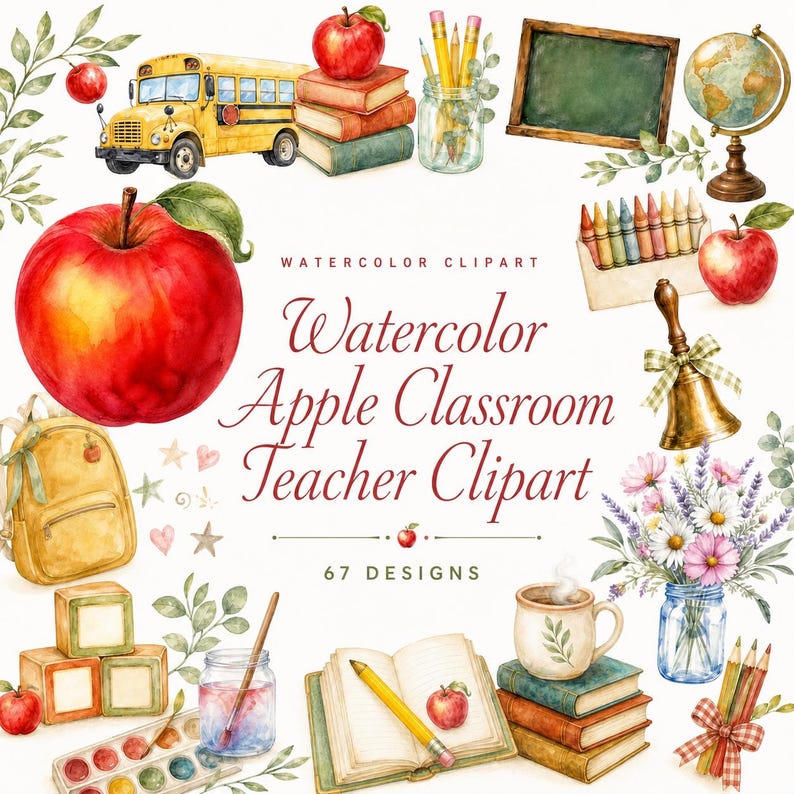 watercolor apple classroom teacher clipart