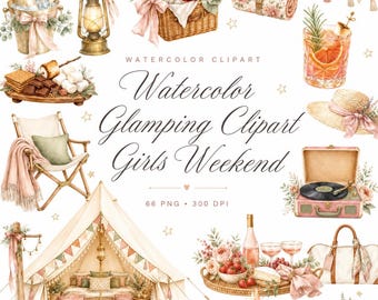Watercolor Glamping Clipart Girls Weekend Bundle for Bridal Parties