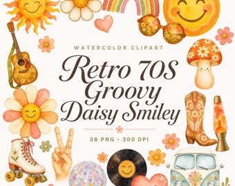 Retro 70s Groovy Daisy Smiley 36 PNG Clipart Bundle