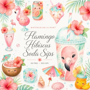 watercolor flamingo soda sips clipart bundle