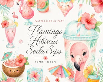 Watercolor Flamingo Soda Sips Clipart Bundle 36 Tropical Drinks