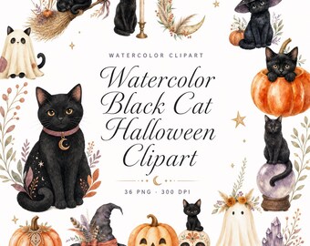 36 Watercolor Black Cat Halloween Clipart | Boho Spooky PNG Bundle | Witchy Fall Party Crafts | Digital Download