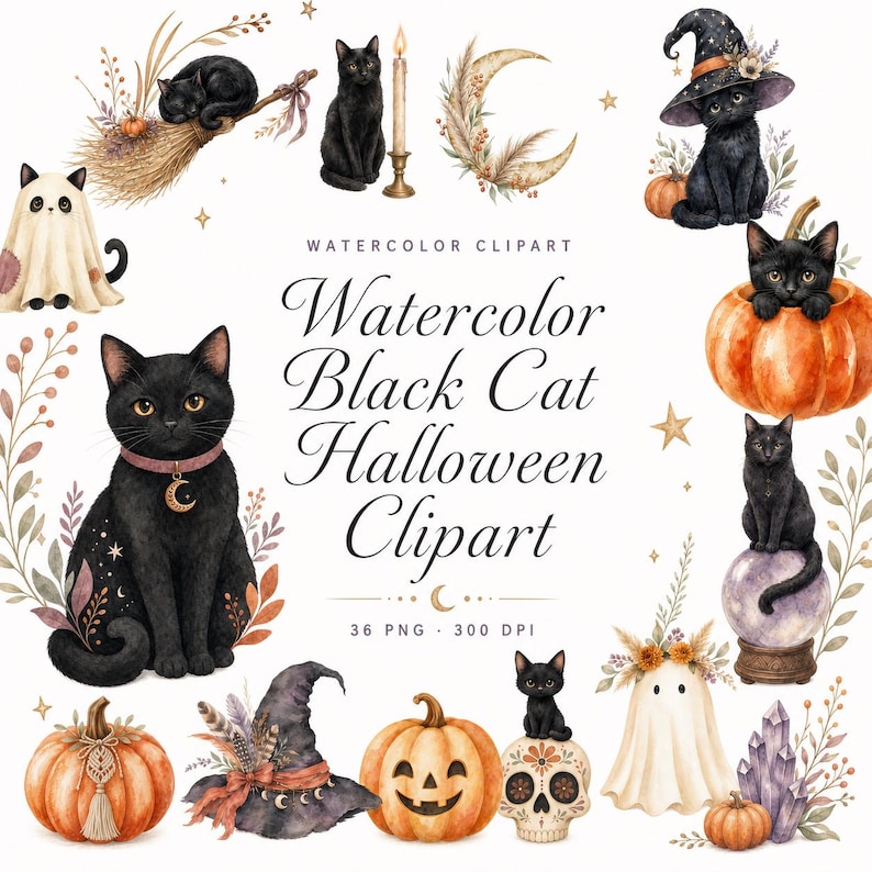 watercolor black cat halloween clipart