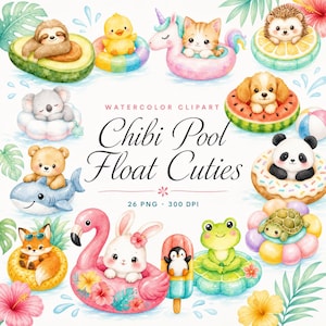 26 Pool Float Clipart Chibi Animals | Kawaii Summer PNG Bundle | Pool Party Stickers Invitations | Instant Download