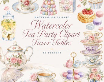 30 Watercolor Tea Party Clipart Favor Tables | Parisian PNG Bundle | Printable Party Decor | Digital Download