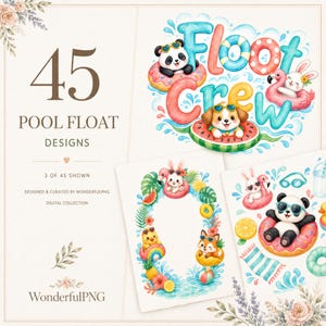 Pool-Schwimminsel-Designpaket mit Chibi-Tieren zum Ausdrucken, süßes Sommerparty-PNG-Set Bild 1