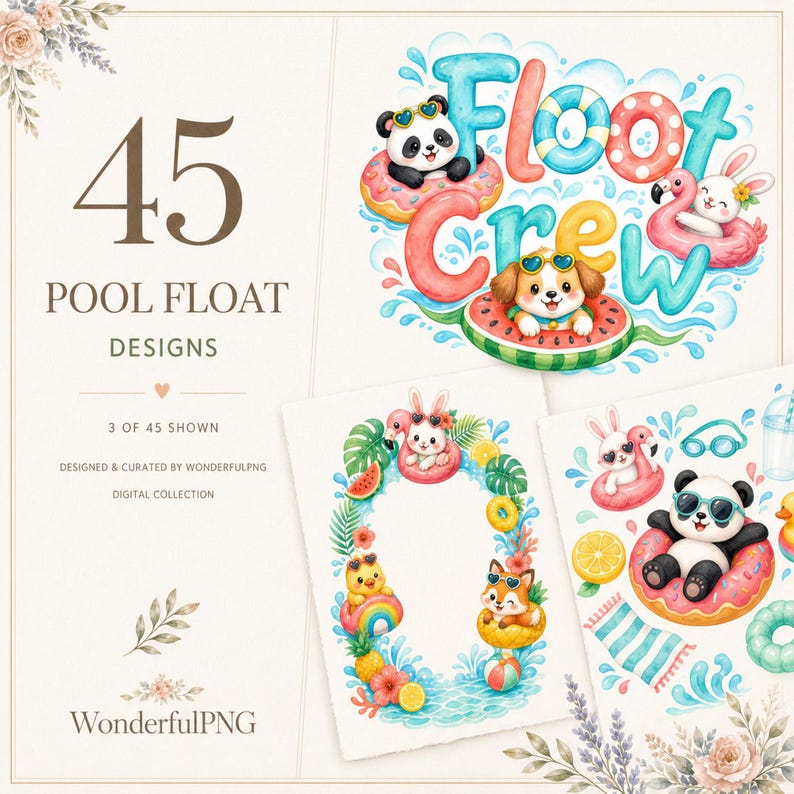 Pool-Schwimminsel-Designpaket mit Chibi-Tieren zum Ausdrucken, süßes Sommerparty-PNG-Set Bild 1