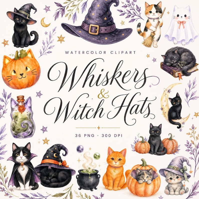 watercolor cat Halloween clipart bundle