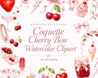 36 Coquette Cherry Bow Watercolor Clipart | Pink Bow Cherry PNG Bundle | Soft Girl Summer Coquette | Digital Download
