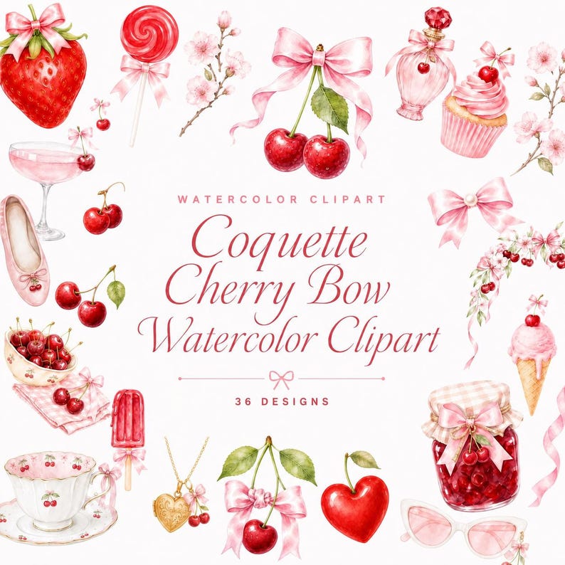 coquette cherry bow watercolor clipart