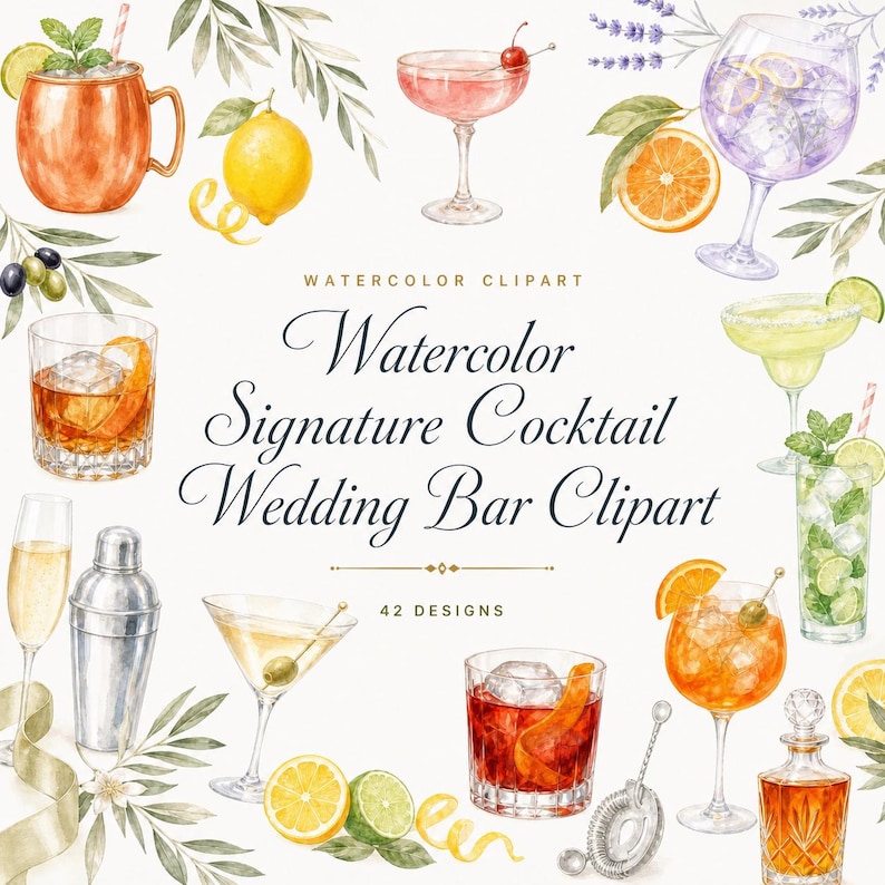 watercolor signature cocktail wedding bar clipart
