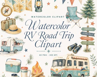 Watercolor RV Road Trip Clipart Bundle, 60 Camper Travel Journal