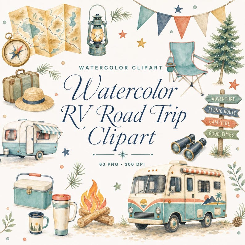 watercolor rv road trip clipart