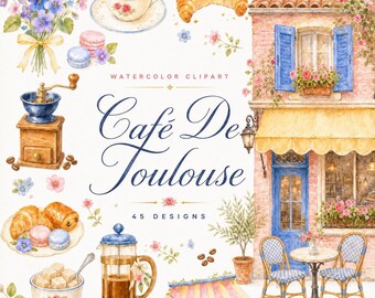 45 Café de Toulouse Watercolor Clipart | French Cafe PNG Bundle | Paris Bistro Stationery | Digital Download