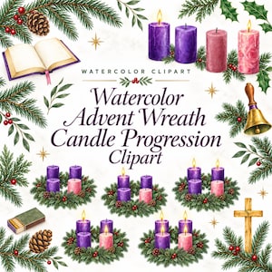 Peut inclure: Ensemble de cliparts aquarelle représentant des couronnes de l'Avent avec des bougies violettes et roses, un livre ouvert, une cloche en laiton, une croix en bois, des branches de pin, du houx et une boîte d'allumettes. Texte : Watercolor Clipart et Watercolor Advent Wreath Candle Progression Clipart.