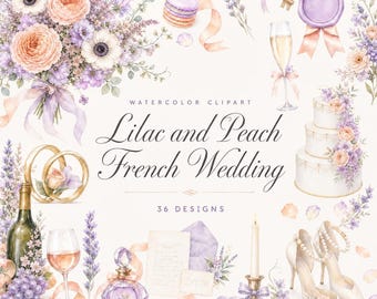 36 Lilac and Peach French Wedding PNG | Watercolor Clipart Bundle | Garden Vineyard Invitations | Digital Download